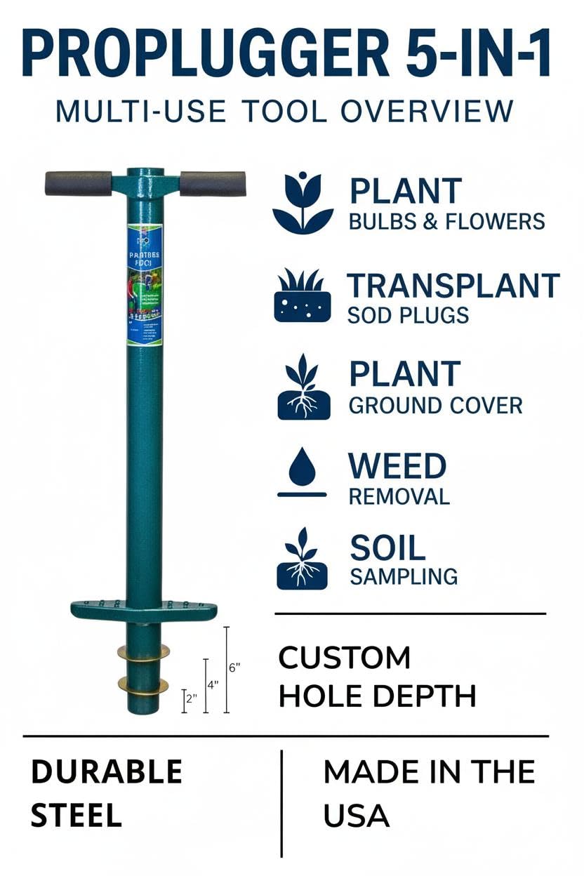 ProPlugger 5-in-1 digs precise 2-inch holes quickly for planting.