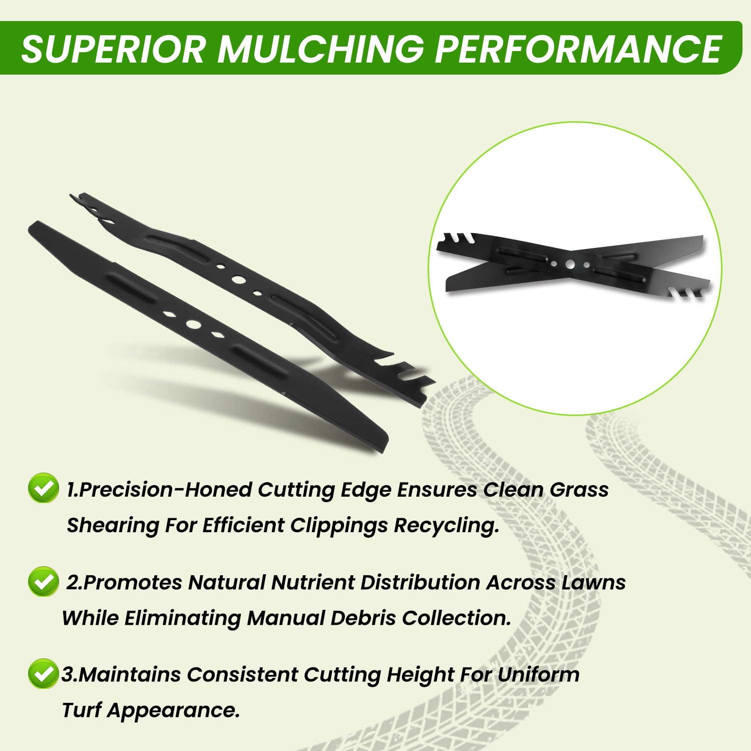 Prosentuo AB2101D blade angled channels illustrate debris management during mowing.