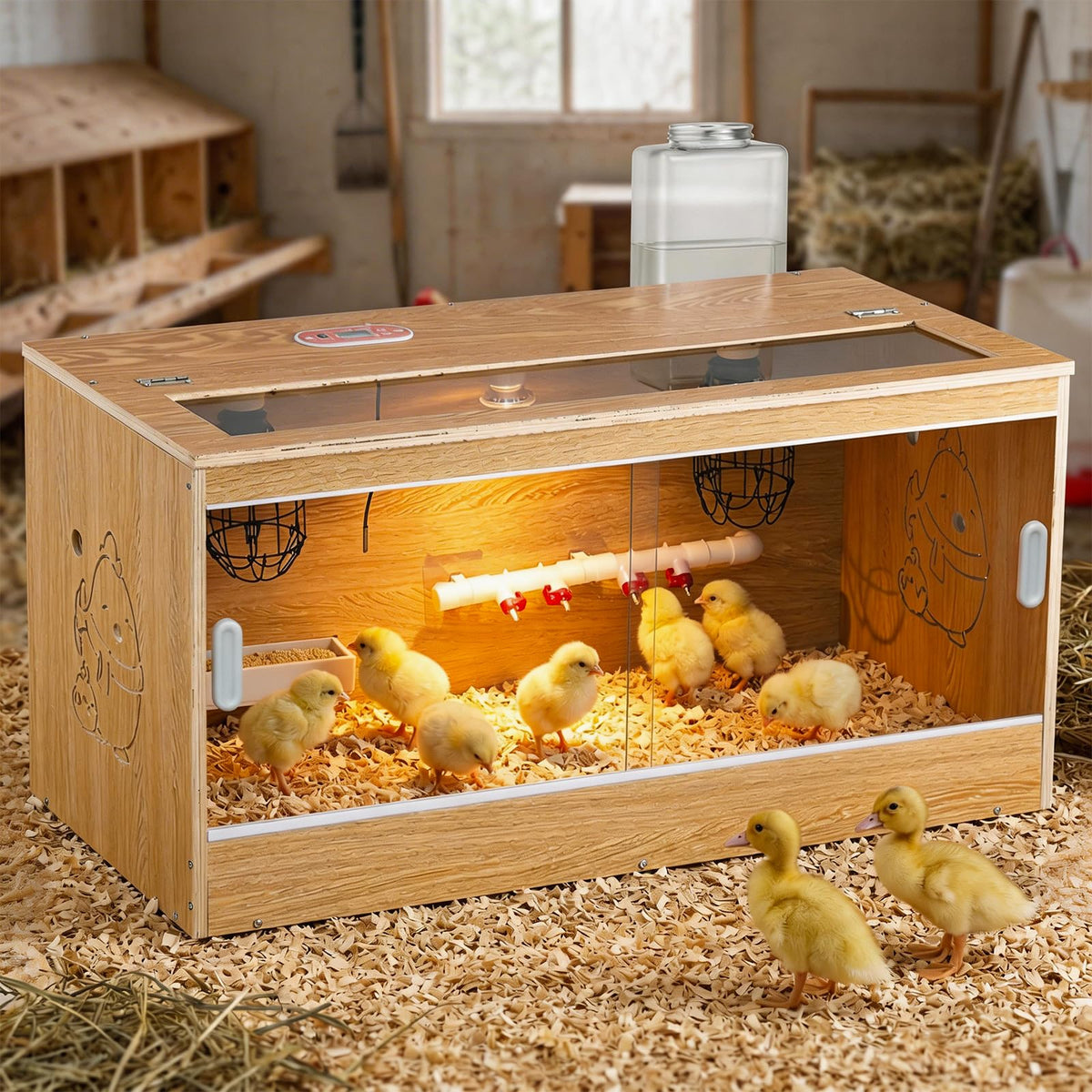 Proshine Brooder front view showing 32-inch frame and spacious interior for up to 30 chicks