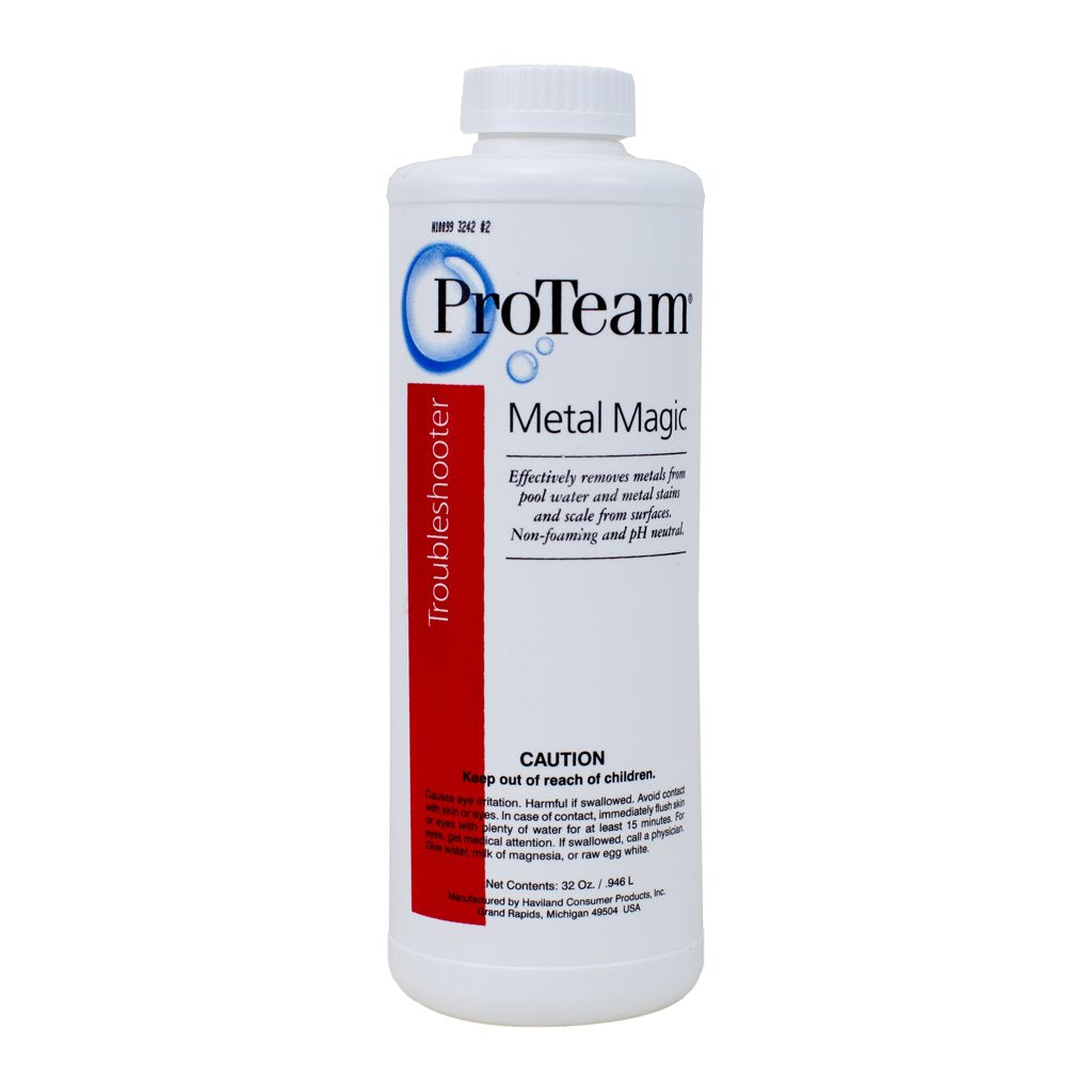 ProTeam Metal Magic bottle pouring into pool water to reduce metals and scale.