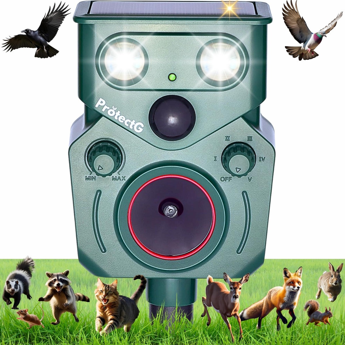 ProtectG solar ultrasonic animal repellent front view deters yard intruders effectively.