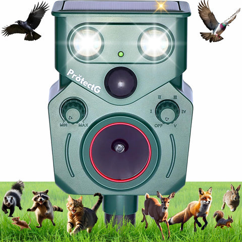 ProtectG solar ultrasonic animal repellent front view deters yard intruders effectively.