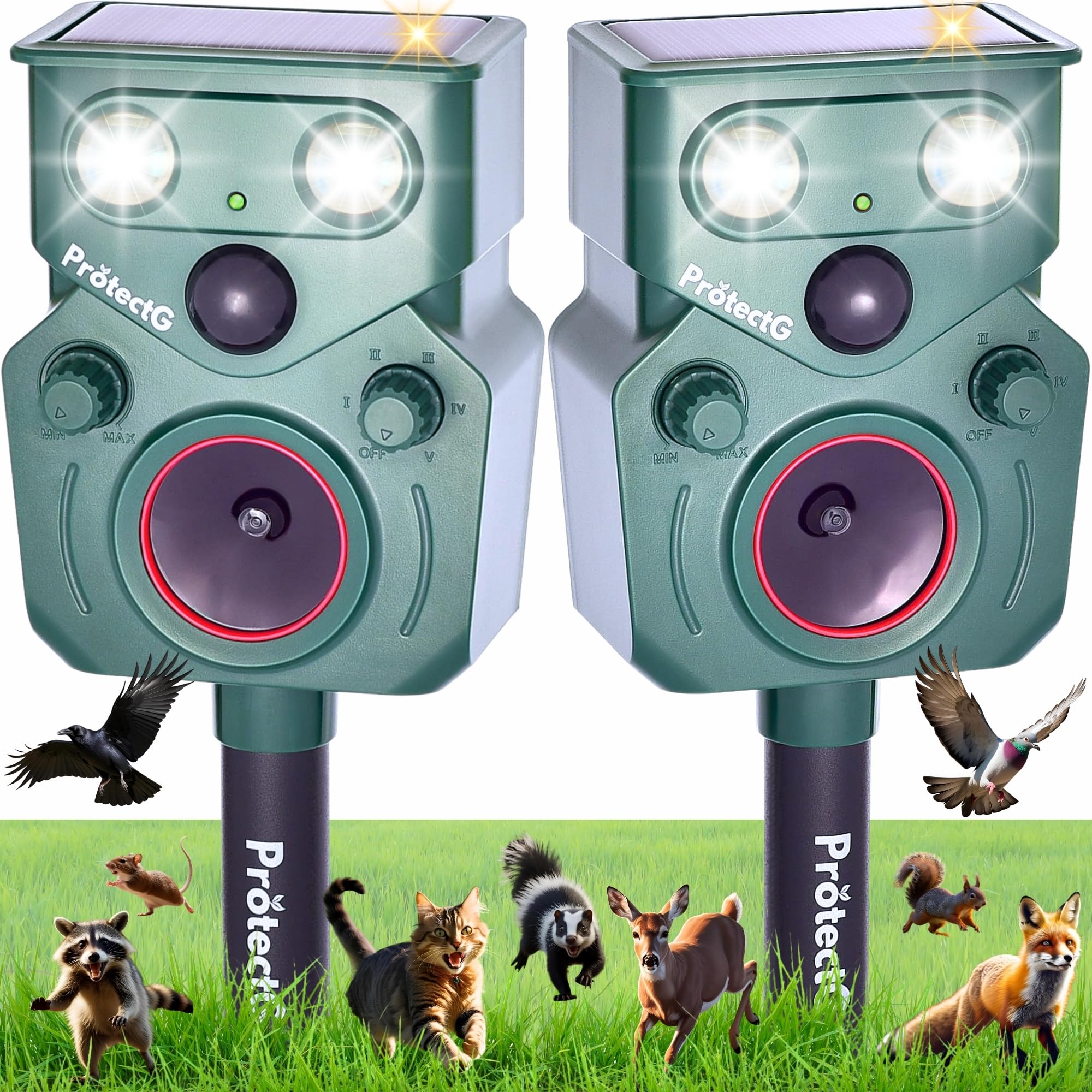 ProtectG two-pack solar ultrasonic repellers provide broad coverage for farms and gardens.