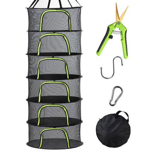 PROTITOUS 6-tier black mesh drying rack shown with organized shelves for efficient herb drying.