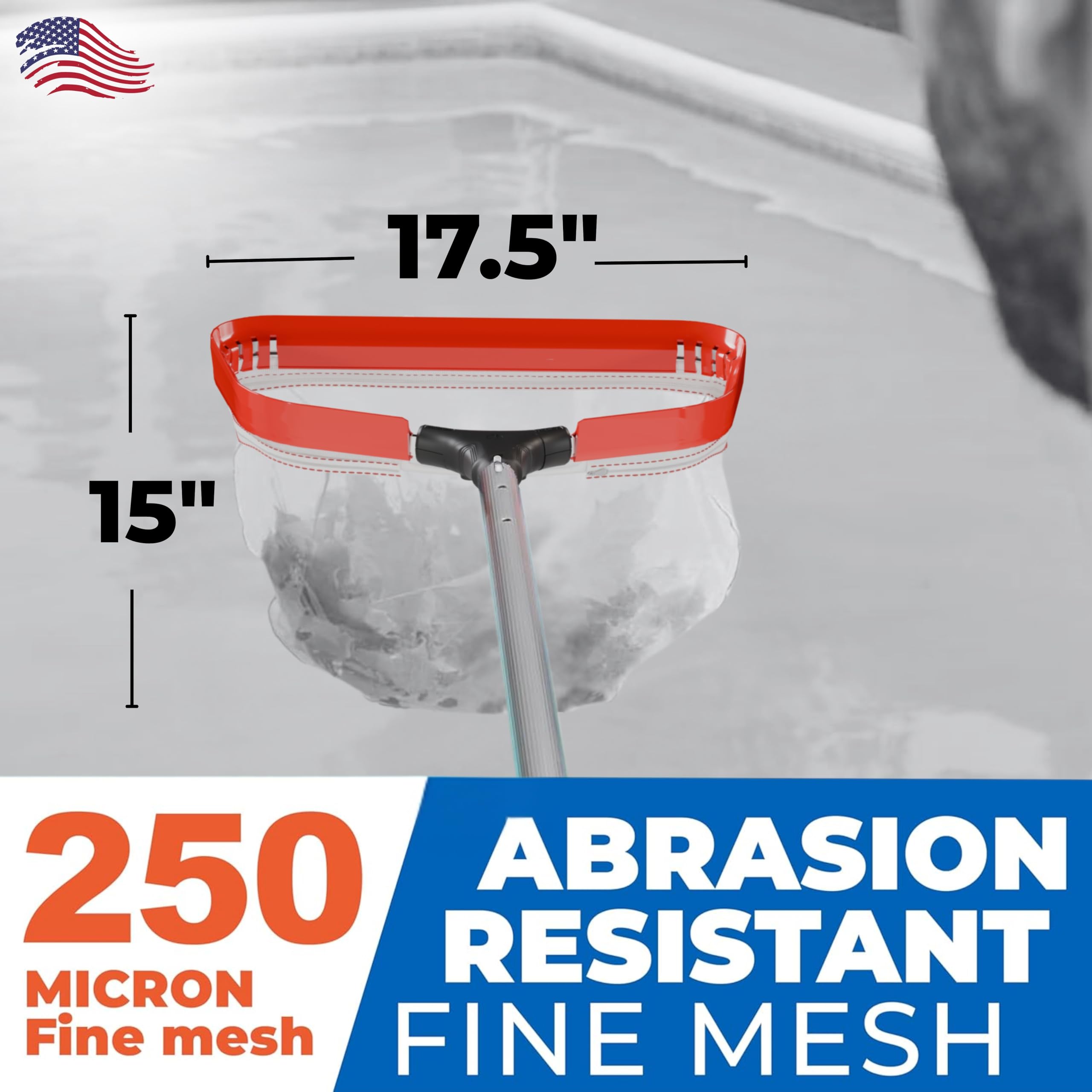 Close-up of 17in fine mesh rake designed for tiny debris