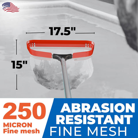 Close-up of 17in fine mesh rake designed for tiny debris
