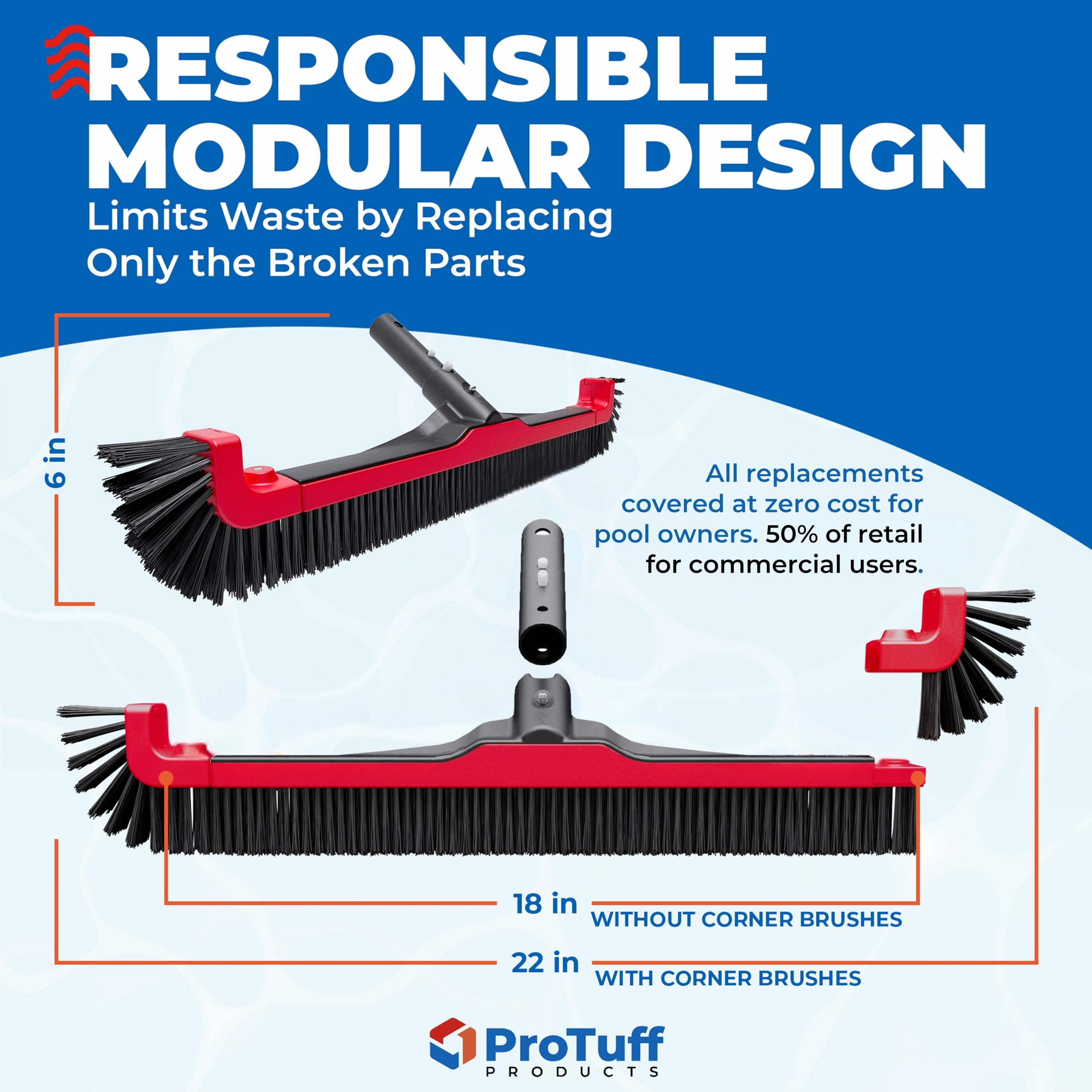 ProTuff 22in pool brush head glides smoothly over surfaces.