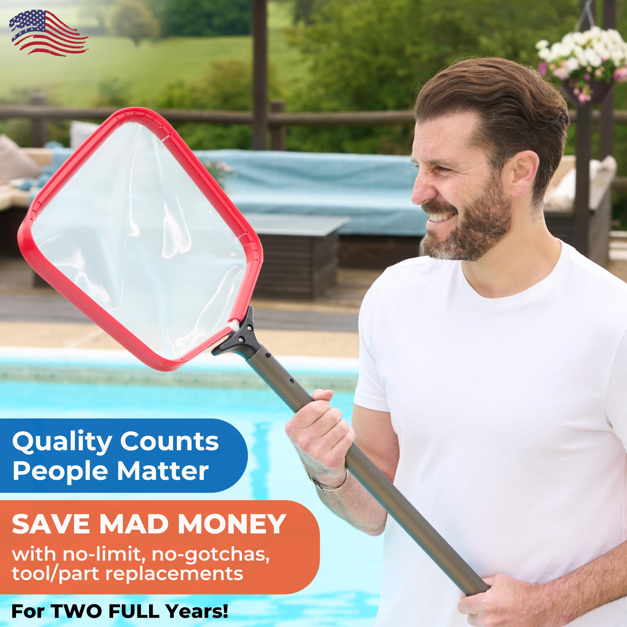 ProTuff Flat Pool Skimmer Net raised rim protects delicate pool surfaces.