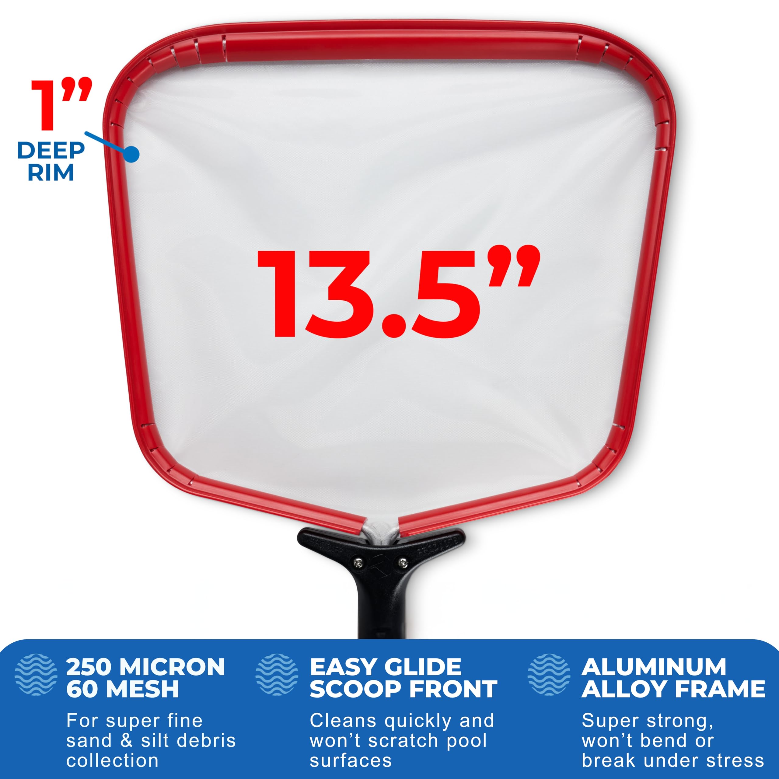 ProTuff Flat Pool Skimmer Net durable aluminum frame withstands heavy loads.