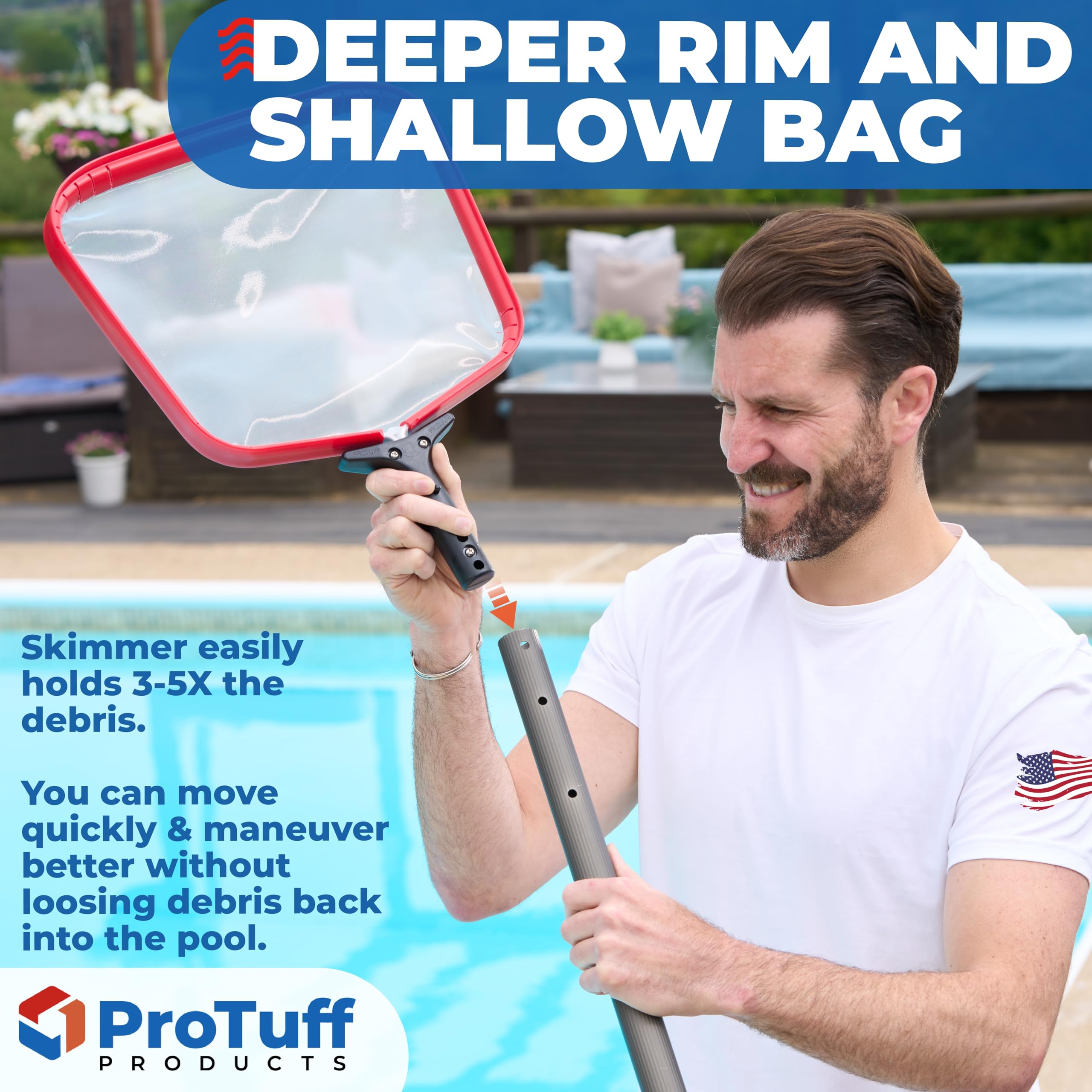 ProTuff Flat Pool Skimmer Net removes leaves and pollen effectively.