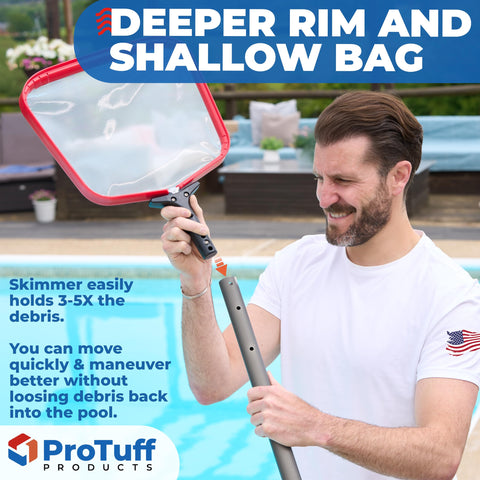ProTuff Flat Pool Skimmer Net removes leaves and pollen effectively.