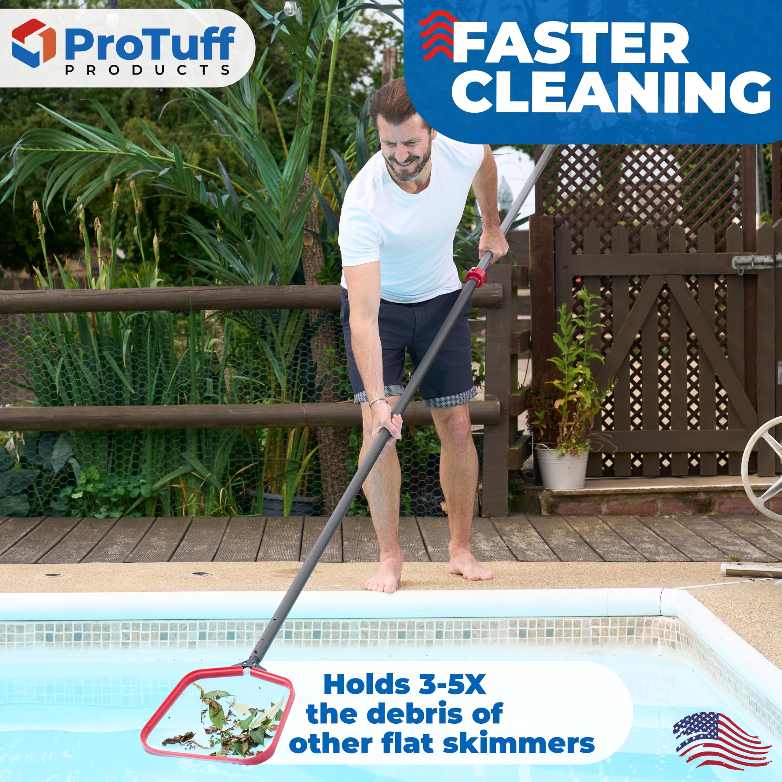 ProTuff Flat Pool Skimmer Net universal clip fits standard pool poles.