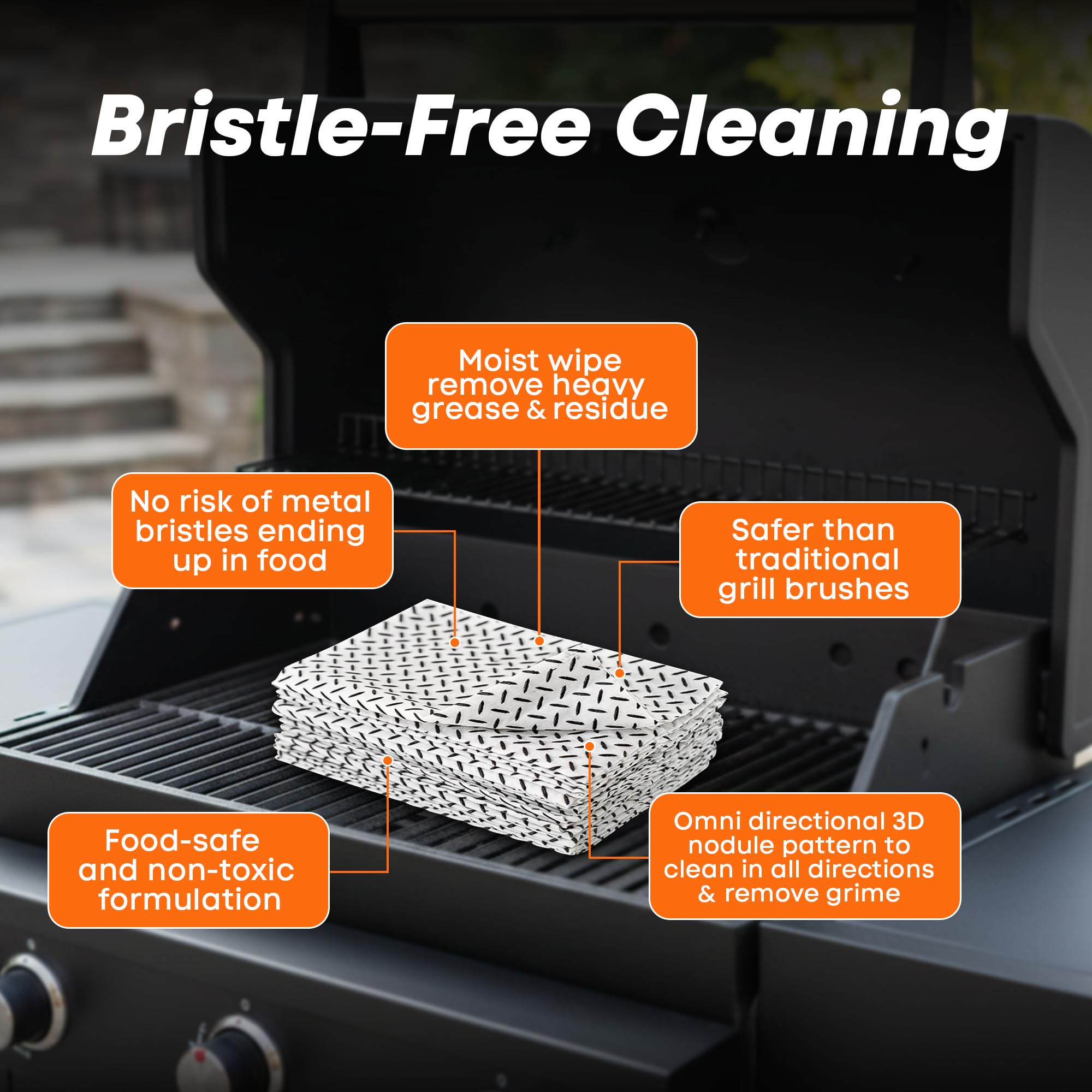Proud Grill Q-Swiper wipes 3D nodules closeup lifting baked-on grease.