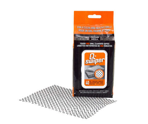 Proud Grill Q-Swiper wipes packaging closeup shows ready-to-use cleaning convenience.