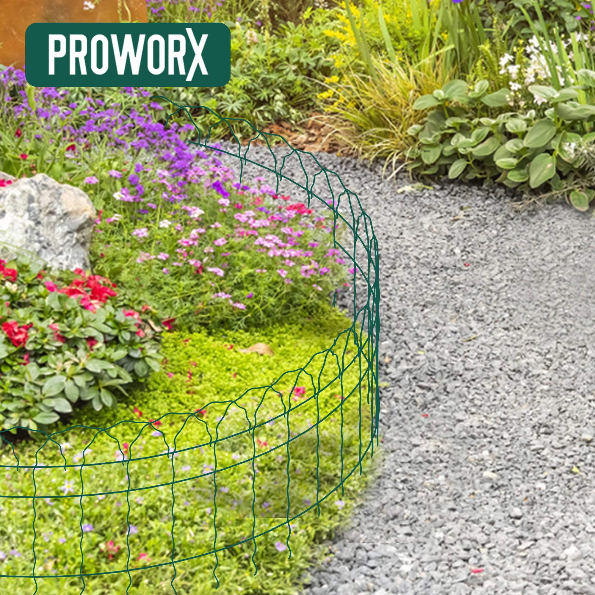 PROWORX durable steel border withstands outdoor use in patios and yards.