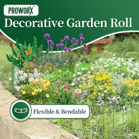 PROWORX Folding metal fence with legs for quick soil insertion.