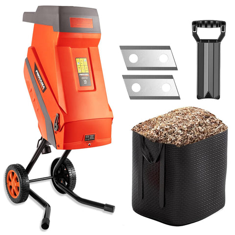 PROYAMA 15 Amp electric wood chipper with rear wheels for easy yard transport.