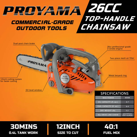 PROYAMA quick-stop brake on 26CC chainsaw demonstrates safety feature