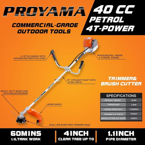 PROYAMA 40cc Brush Cutter quick-start system enables easy starts with less effort.