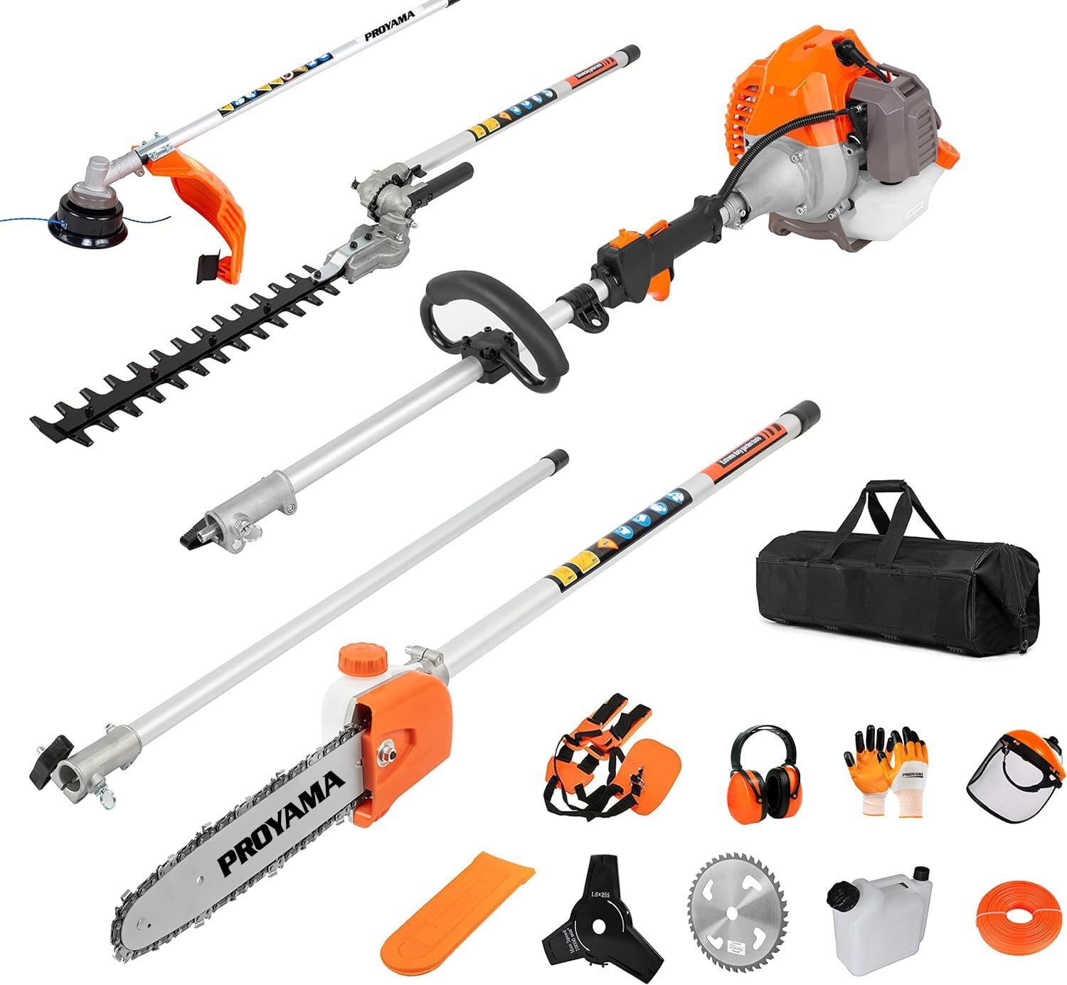 PROYAMA 5-in-1 tool assembly for all-in-one yard trimming tasks.