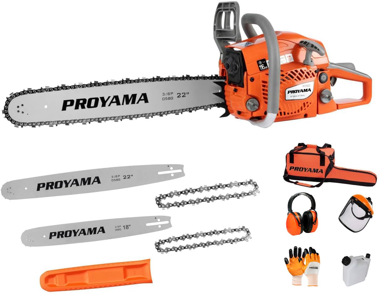 PROYAMA 62CC chainsaw engine powers through tough wood cutting tasks.