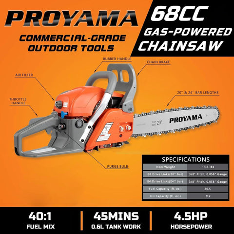 PROYAMA 68CC chainsaw with 24-inch bar in use for heavy-duty cutting