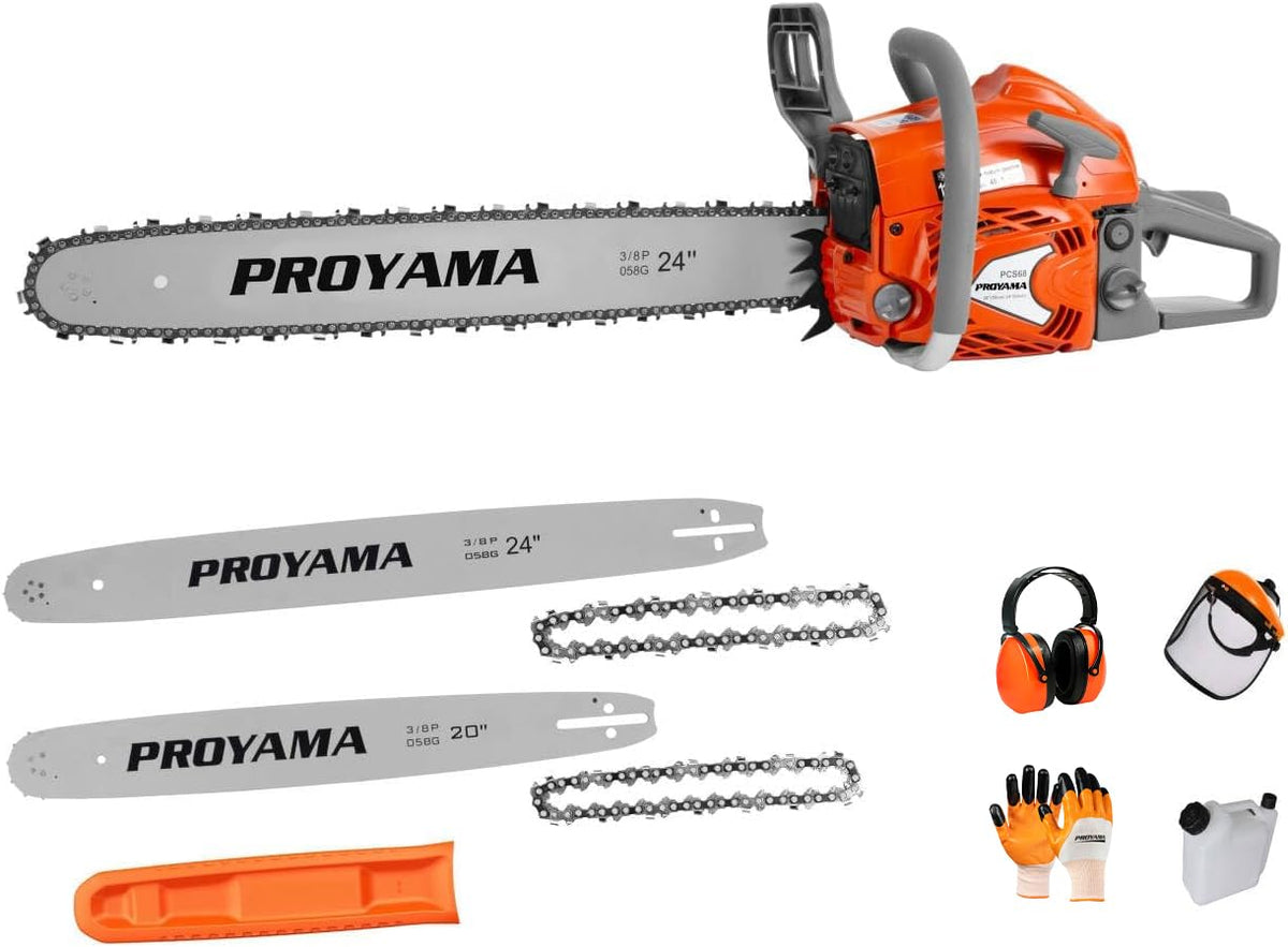 PROYAMA 68CC top-handle chainsaw front view for sturdy yard work