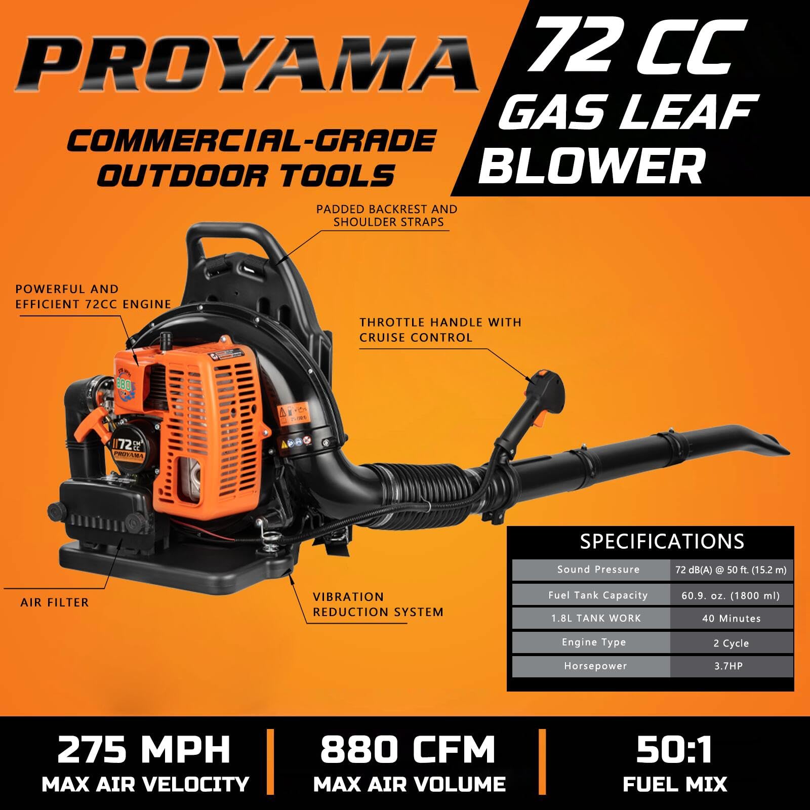 PROYAMA 72CC leaf blower back view highlights the comfortable backpack design