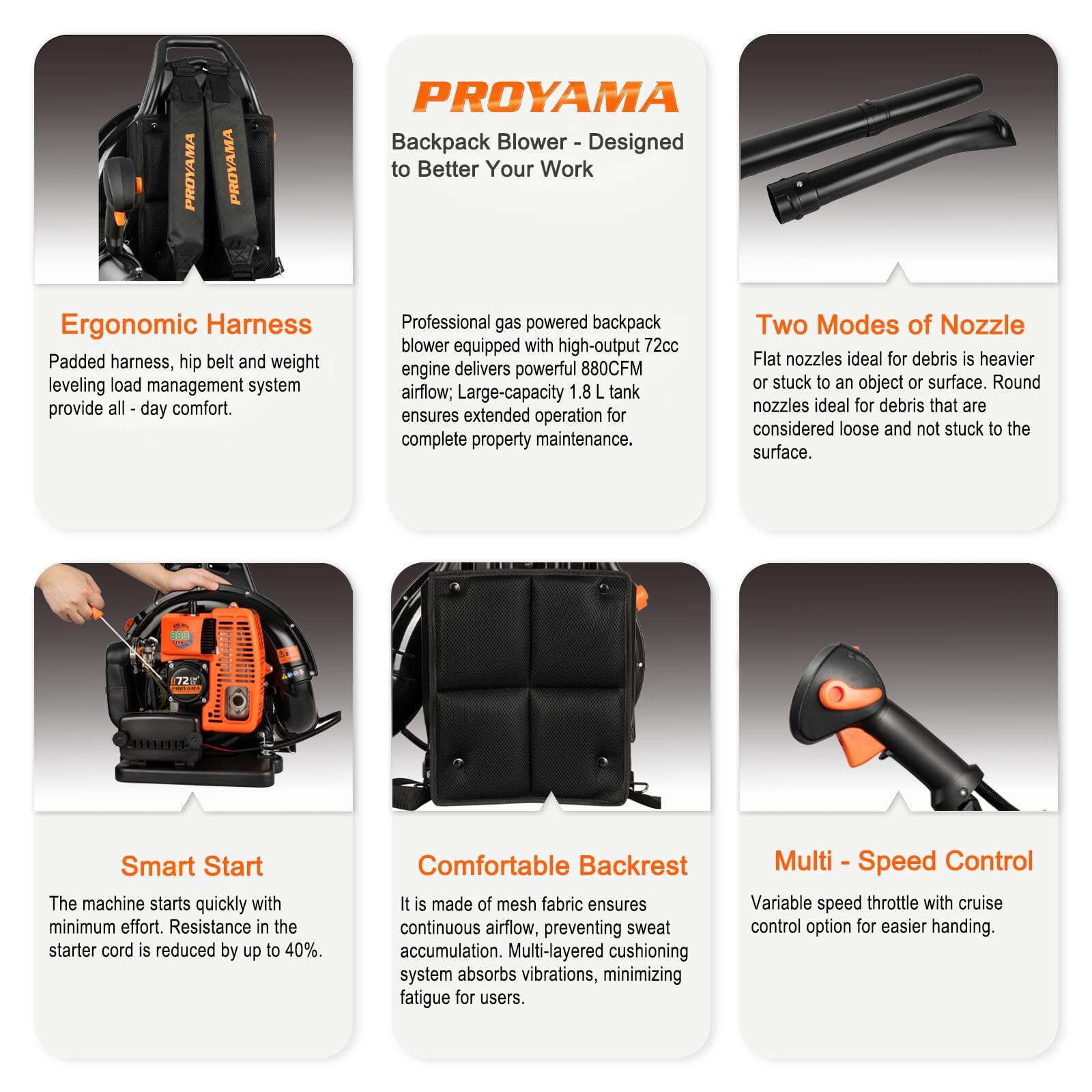 PROYAMA 72CC leaf blower nozzle-round setup for open areas