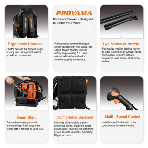 PROYAMA 72CC leaf blower nozzle-round setup for open areas