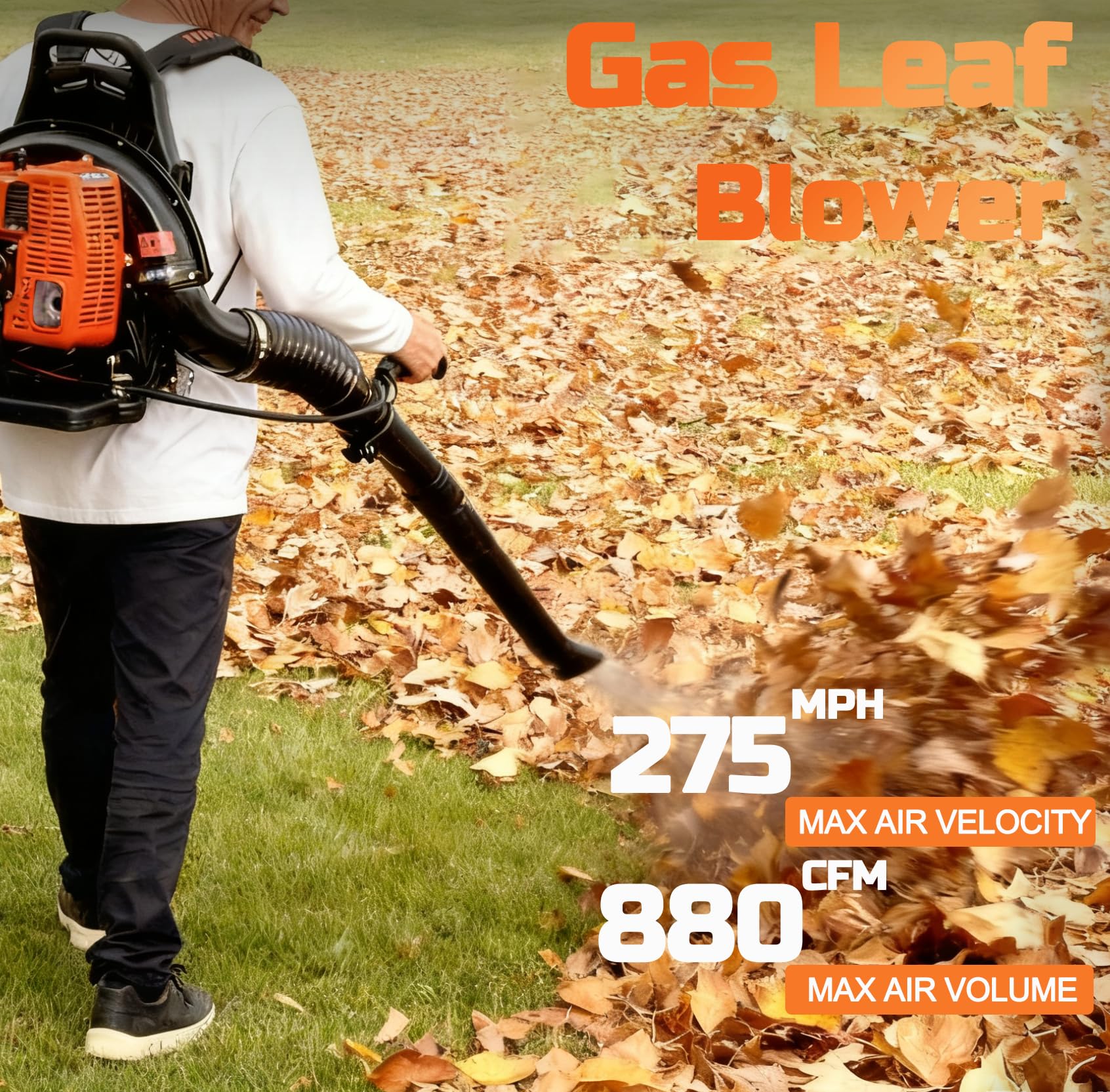 PROYAMA 72CC leaf blower side view with dual-nozzle setup