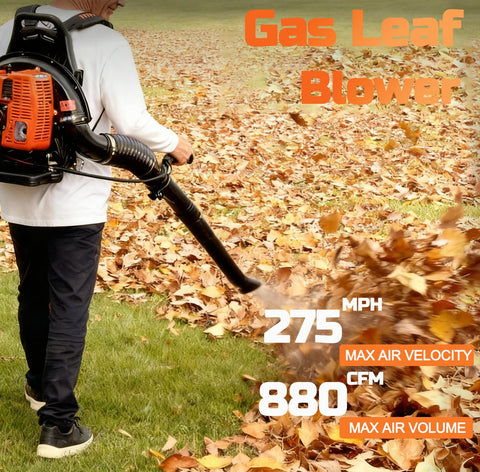 PROYAMA 72CC leaf blower side view with dual-nozzle setup