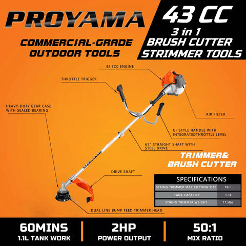 PROYAMA brush cutter with metal blades for thick brush and tough weeds.