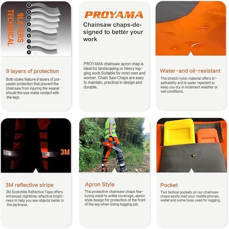 PROYAMA Chainsaw Chaps feature apron-style cut for easy on/off.