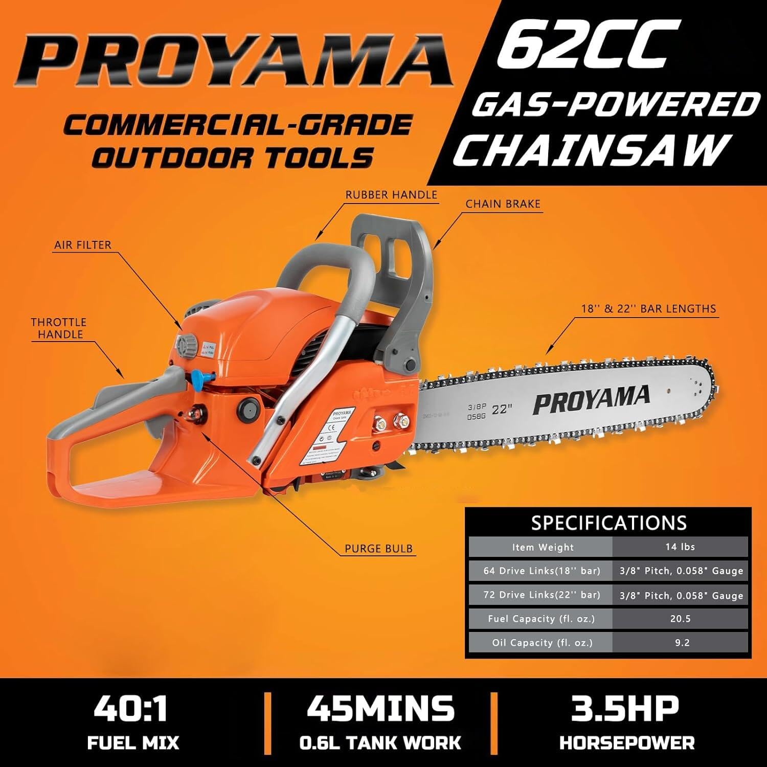 PROYAMA chainsaw has a durable bar and chain for reliable cutting.