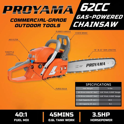 PROYAMA chainsaw has a durable bar and chain for reliable cutting.