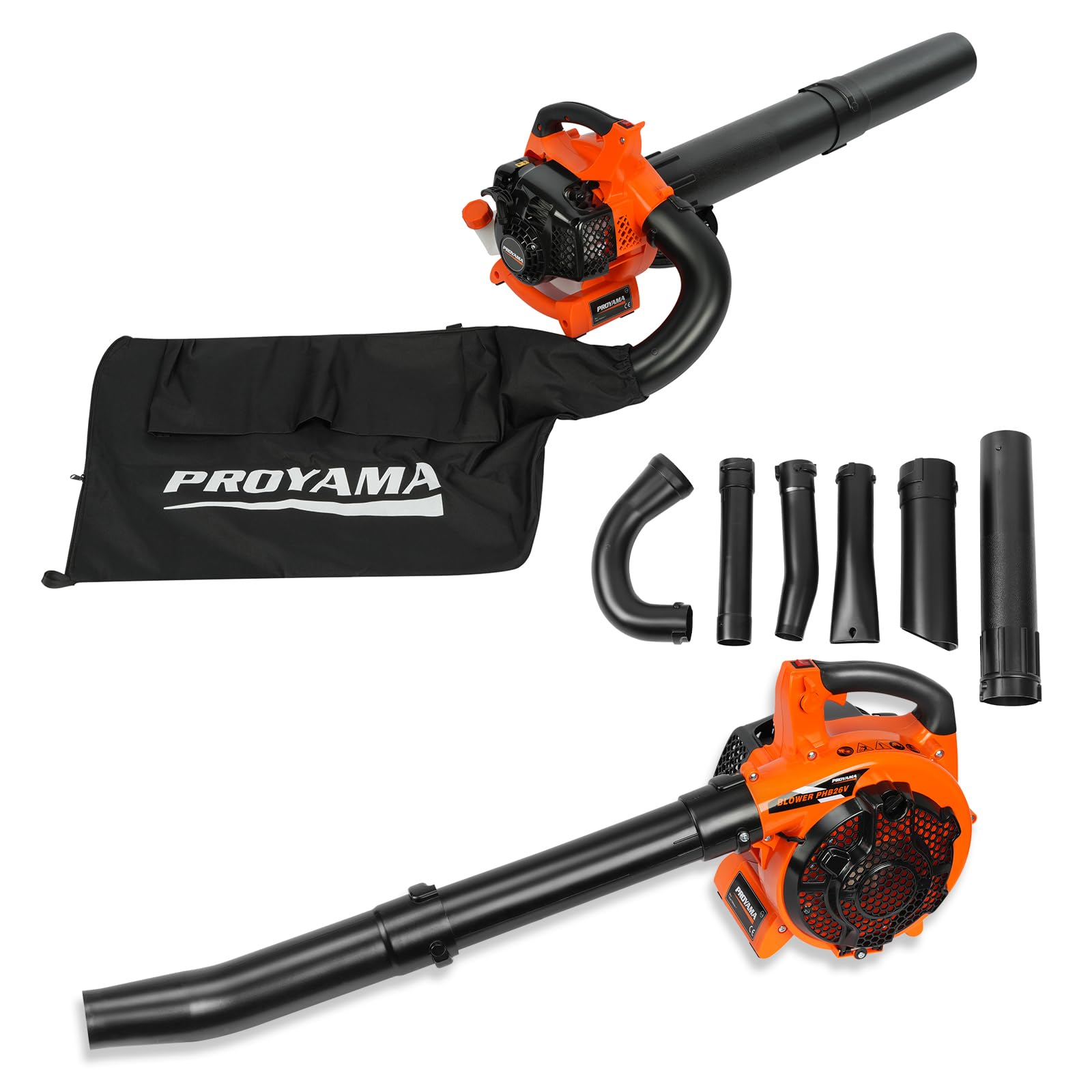 PROYAMA leaf blower front view showing powerful 26cc engine for quick yard cleanup