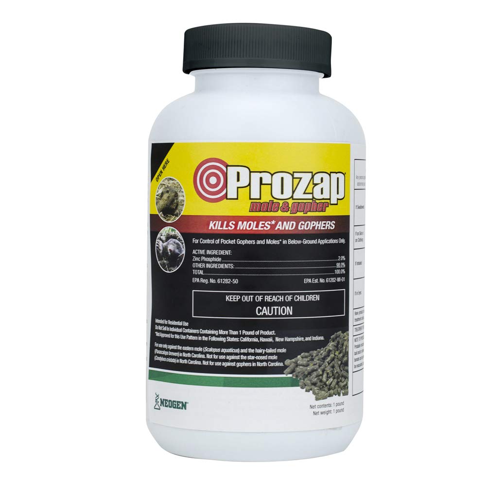 Prozap Mole and Gopher Pelleted Bait pellets ready for direct trench baiting, with zinc phosphide formula.