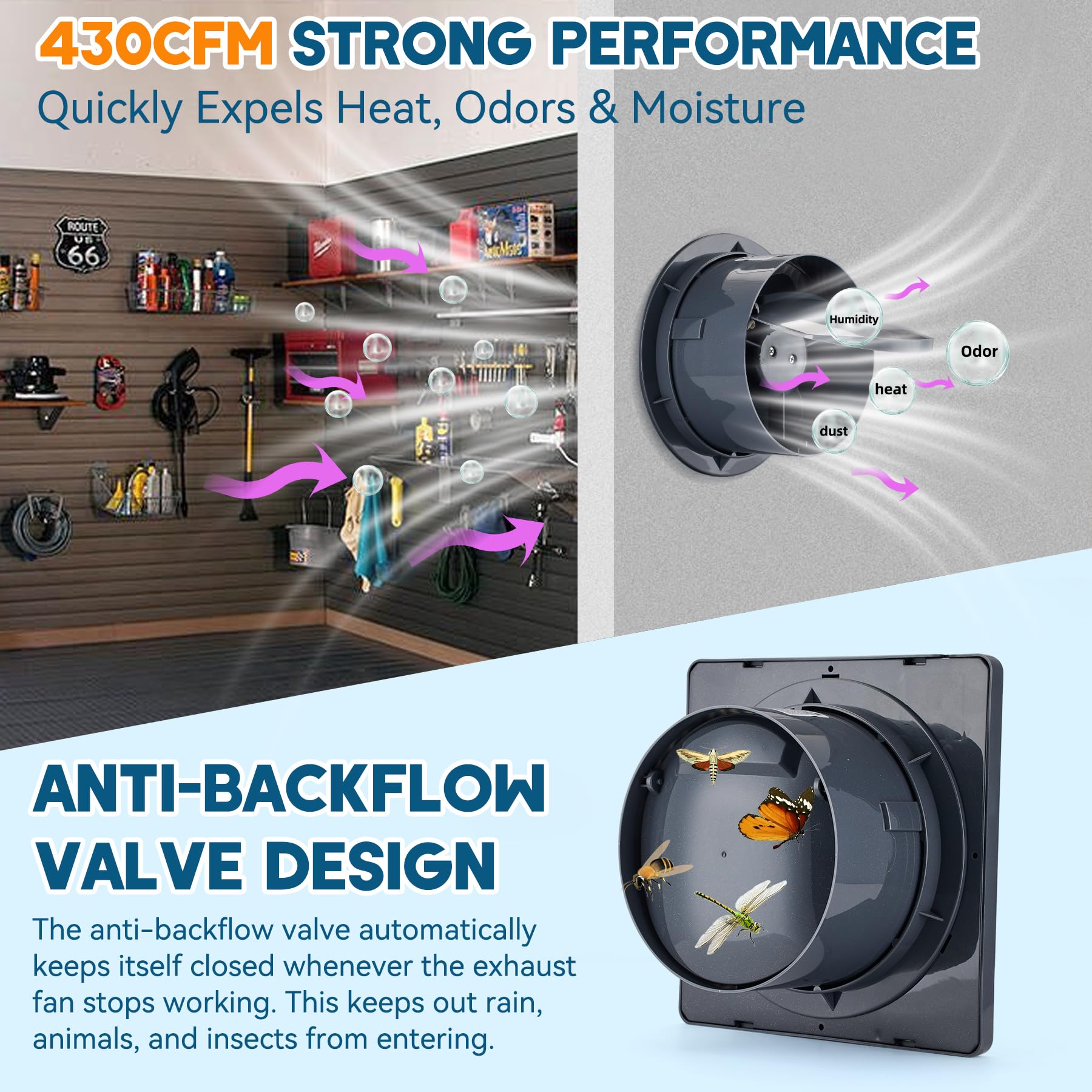 Prozilon anti-backflow valve prevents insects and debris when the fan is off.