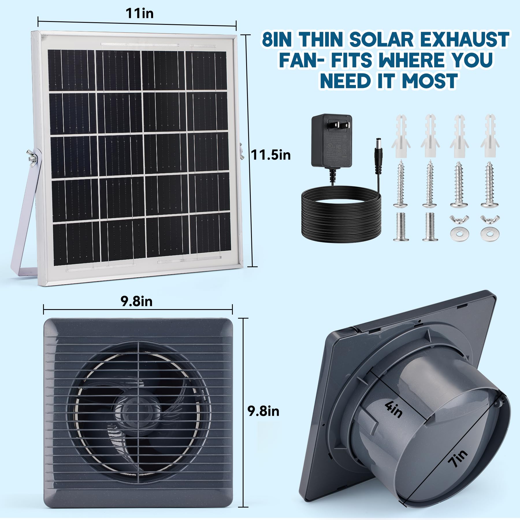 Prozilon solar panel assembly powering off-grid ventilation for sheds and greenhouses.