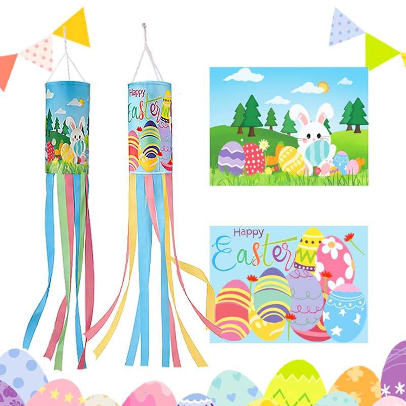 PrreDeACCE windsock floral eggs and clouds depict cheerful Easter scenery outdoors.