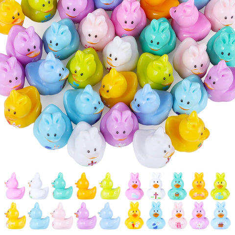 Prudiut Easter resin ducks in seven colors brighten baskets and shelves.