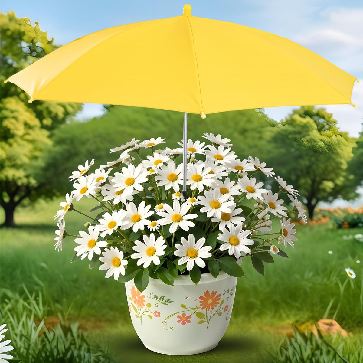 Prudiut plant umbrella yellow shade over a potted plant to block strong sun