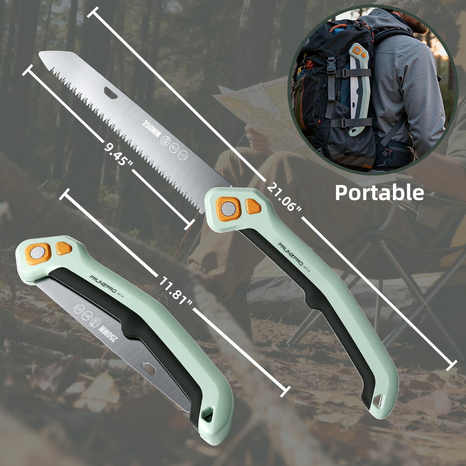 Folded saw stores safely with protective cover and hook.
