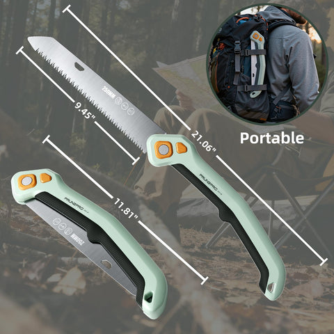 Folded saw stores safely with protective cover and hook.