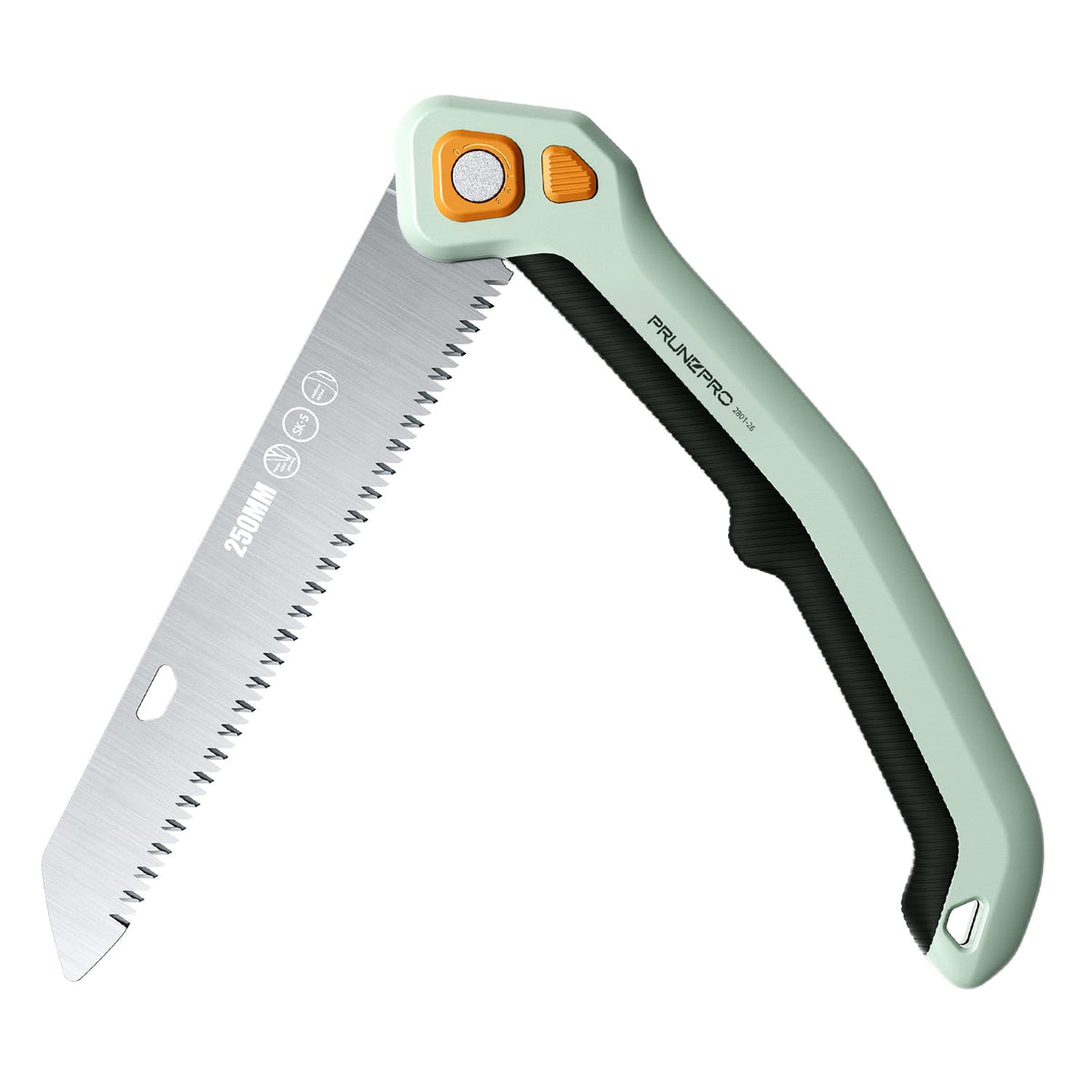PrunePro folding hand saw with SK5 blade for precise pruning of thick branches.