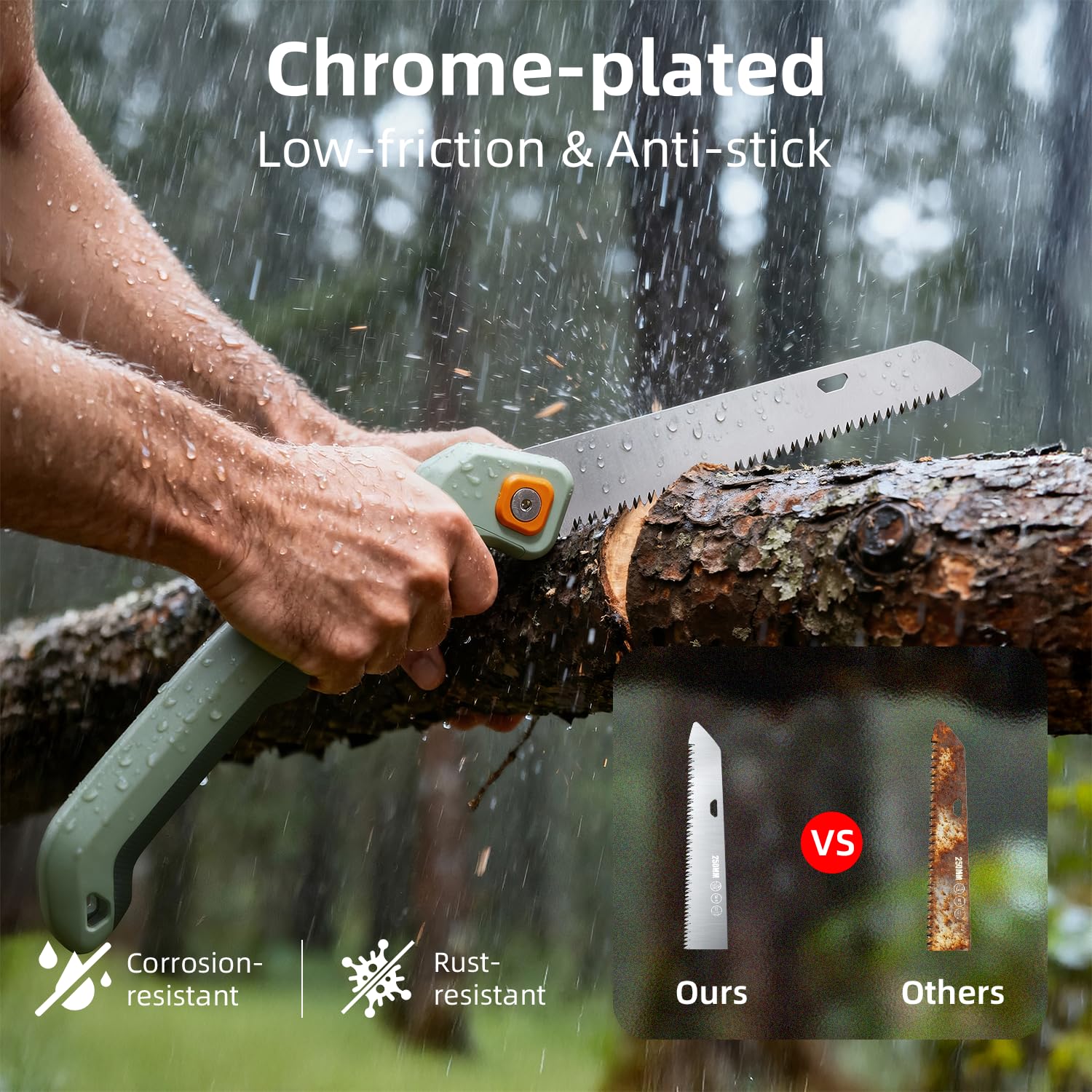 Triple-cut blade in action delivers aggressive yet smooth branch cuts.