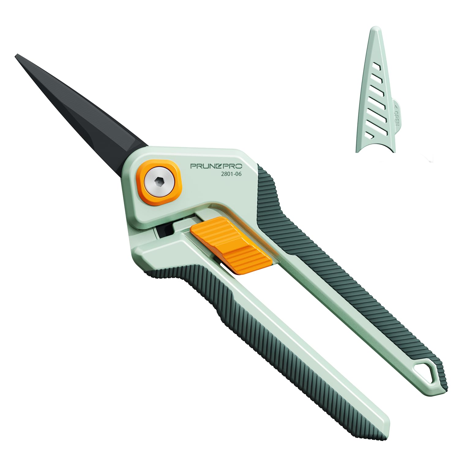 PrunePro garden scissors blade close-up shows sharp German stainless steel edge for precise cuts.