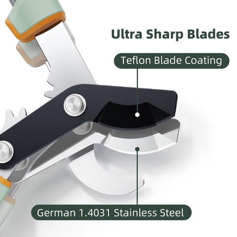 PrunePro loppers blade close-up showing Teflon coating for rust resistance.