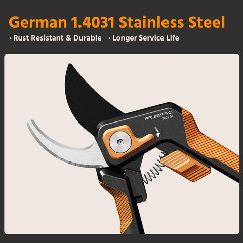 PrunePro teflon-coated blades providing sharp, rust-resistant performance for longer tool life.